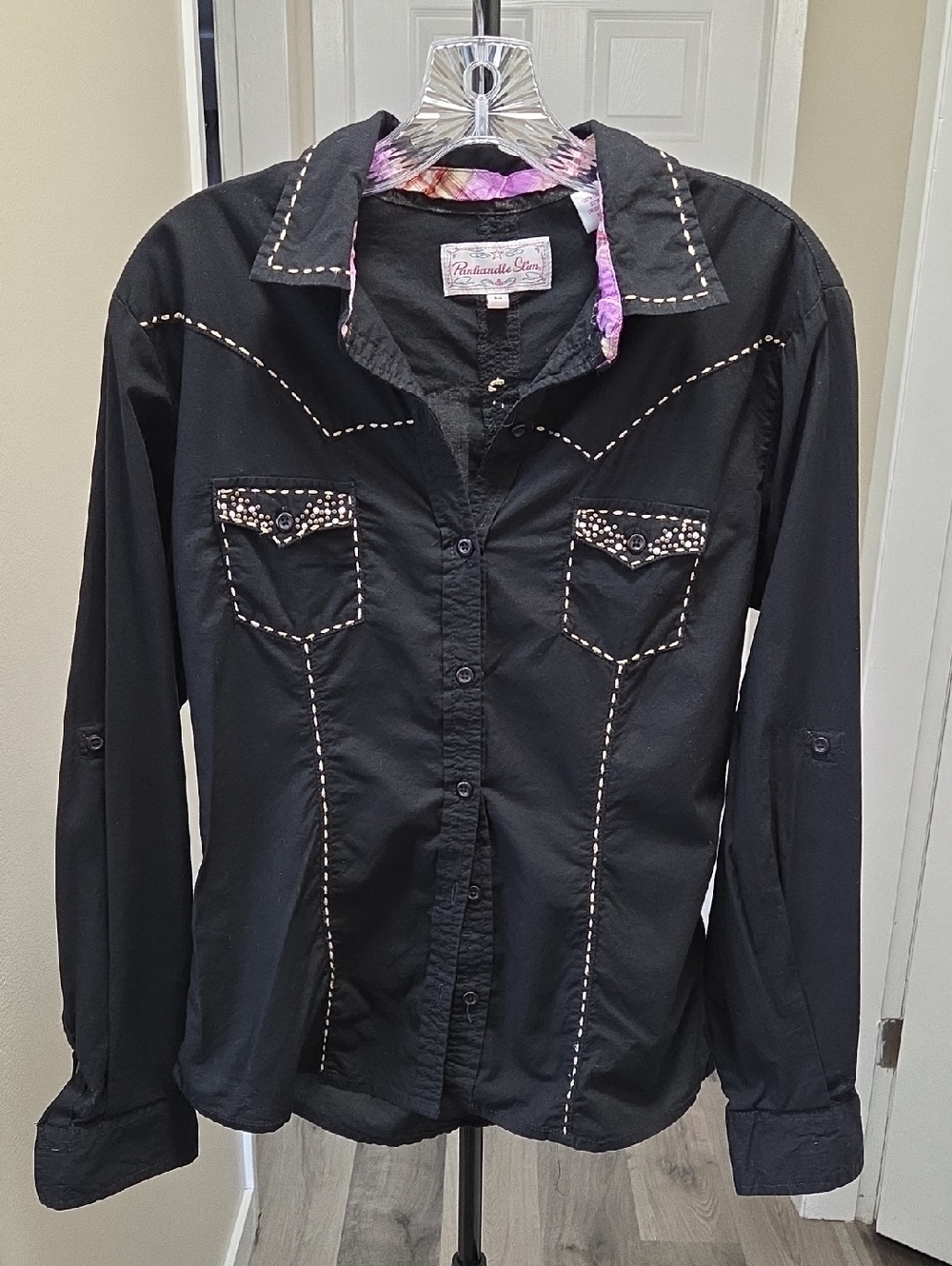 Panhandle Black Embroidered Back Western Shirt Studded Front